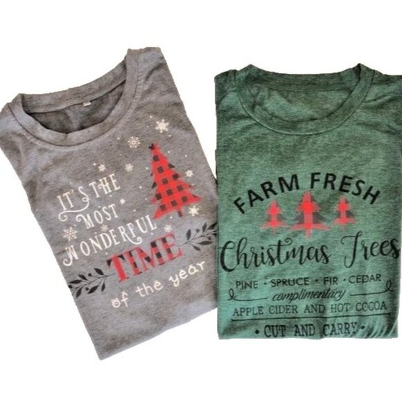 Merry Christmas 2 Short Sleeve T-Shirt Gray & Green Xmas Women's Size XL - Picture 1 of 16